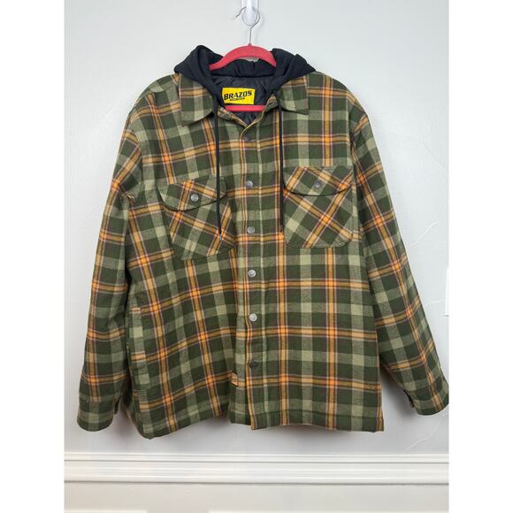 Brazos Workwear Hooded Flannel Jacket Green Plaid Quilted Lined XL - Picture 1 of 9